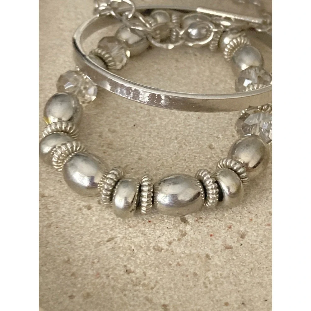 Glossy‎ Silver Tone Bangle Bracelet Set Of 3 Rhinestone Beaded Chain Link Chunky